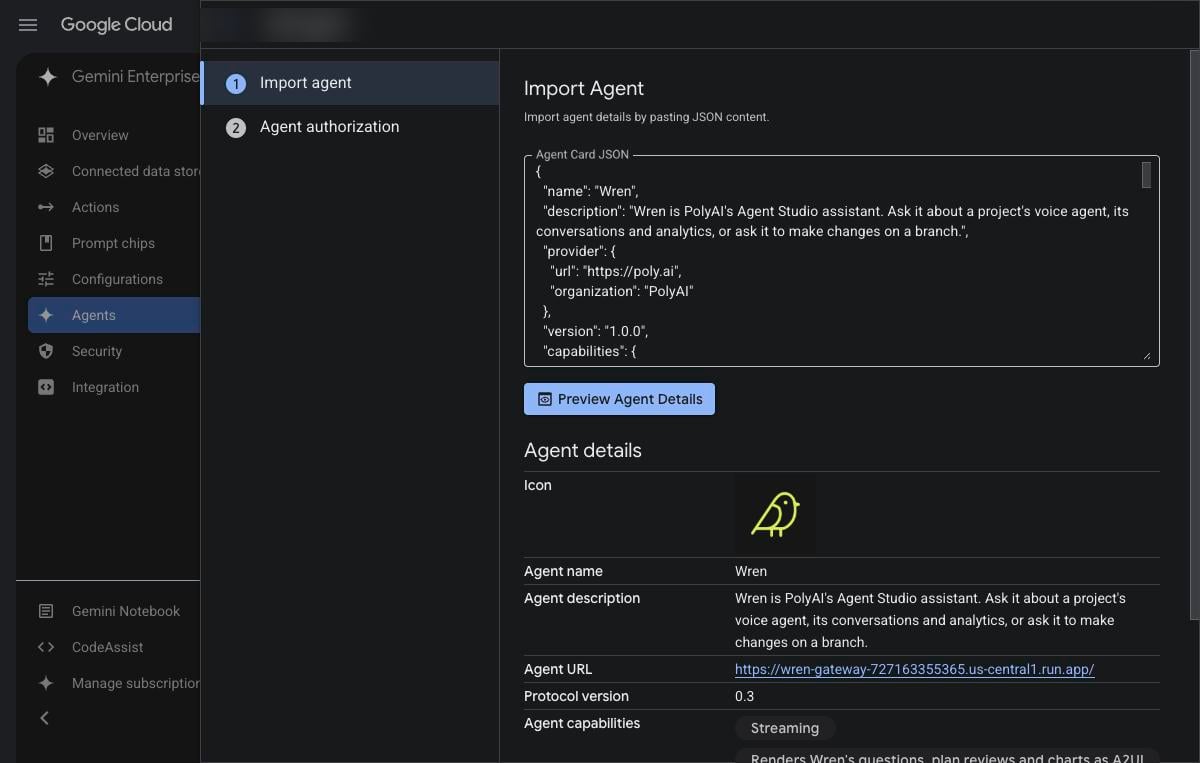 Agent card JSON pasted into the Import agent step, with a preview of Wren's details below