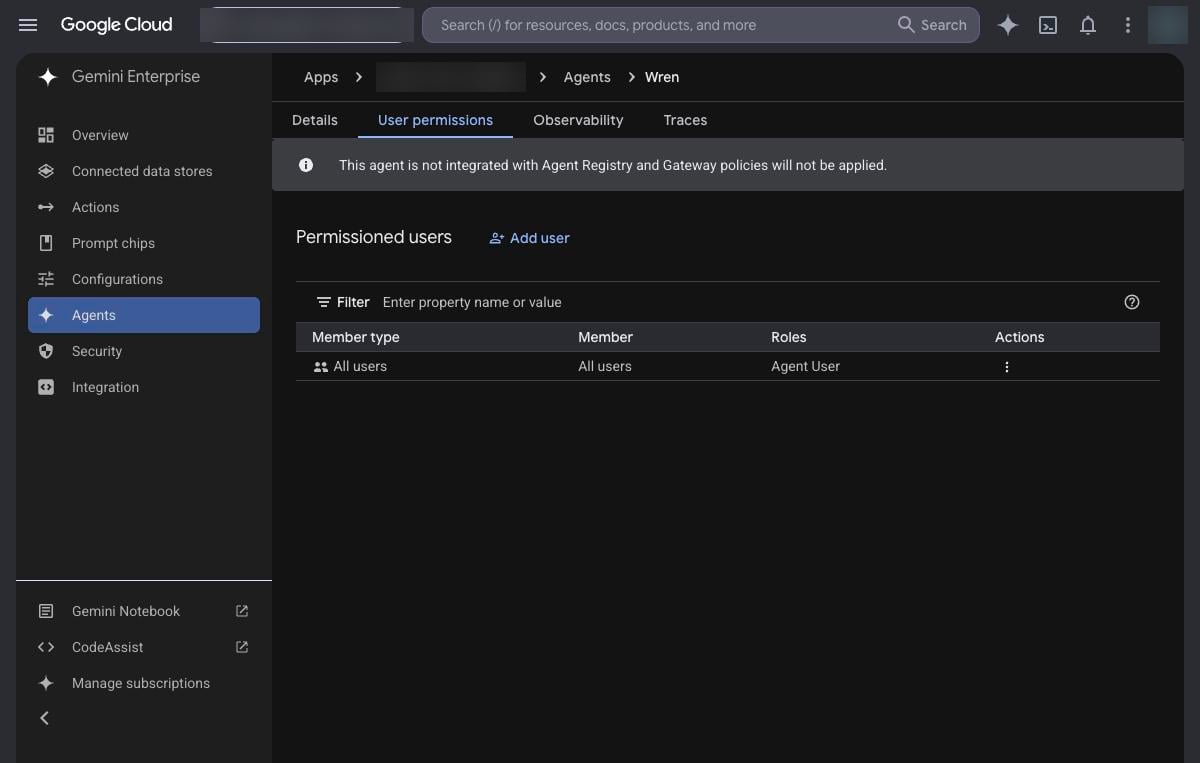 Wren's user permissions, shared with all users as Agent User