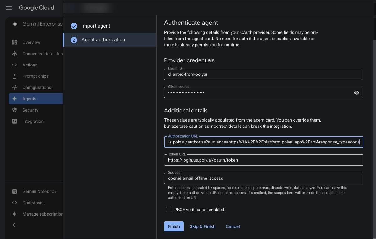 Agent authorization form with client ID, client secret, authorization URL, token URL and scopes