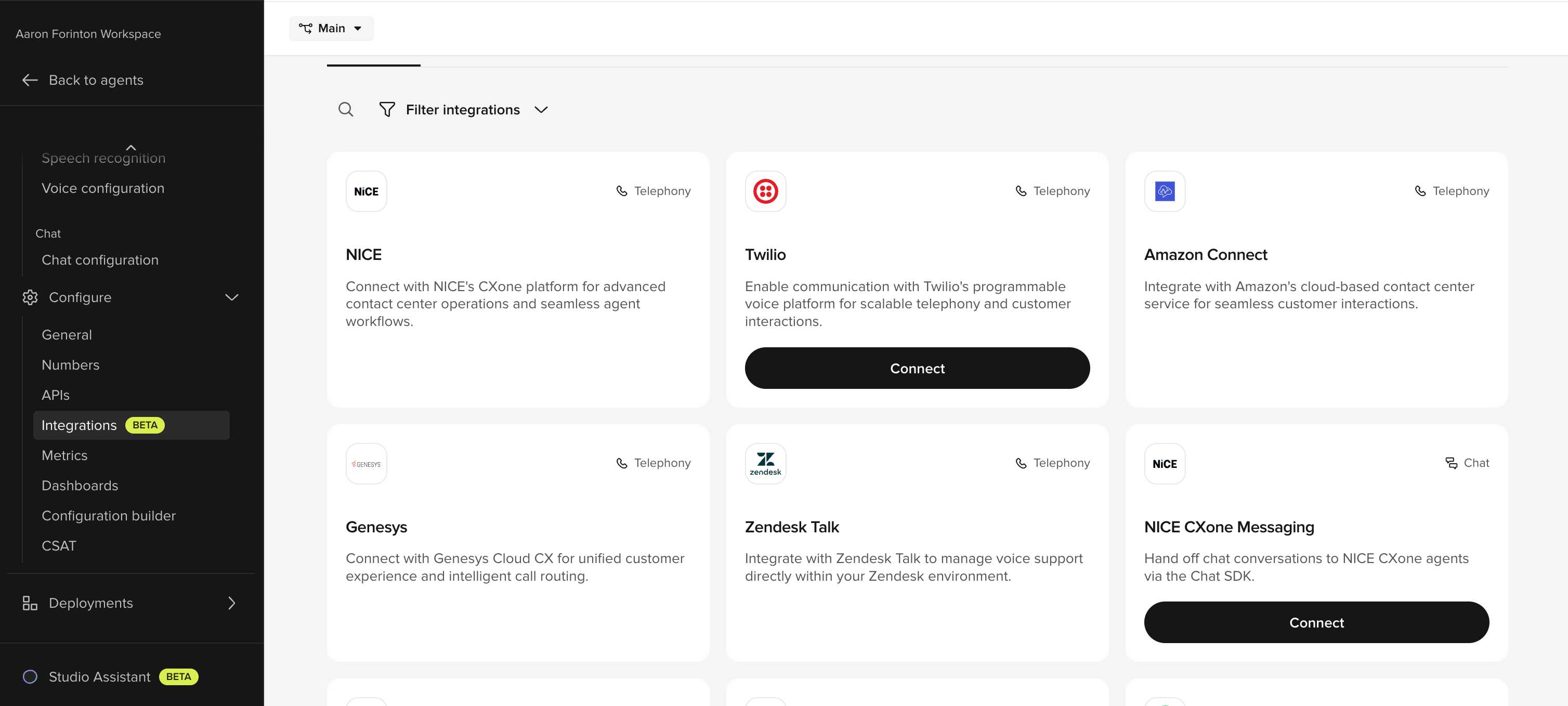 The Integrations page in Agent Studio showing available telephony providers including Twilio.