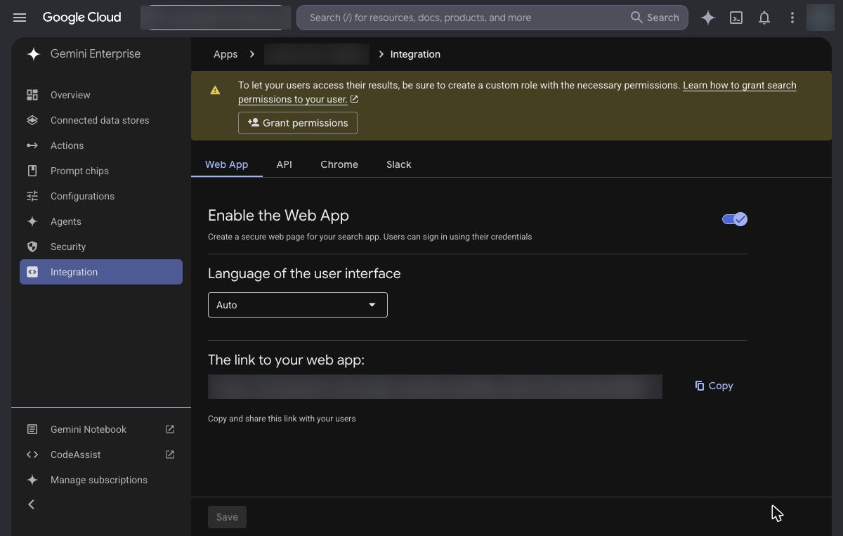 Integration page with Enable the Web App turned on and the web app link