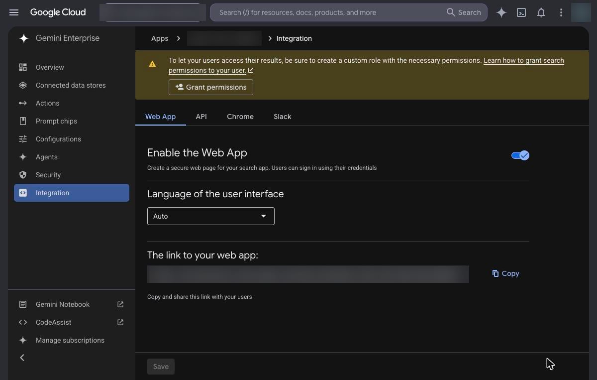 Integration page with Enable the Web App turned on and the web app link