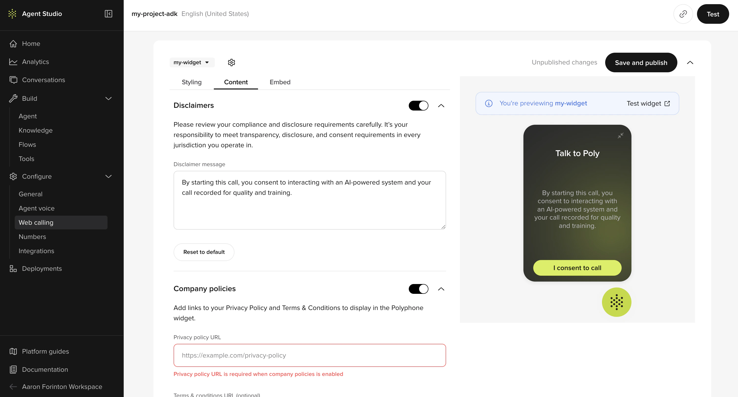 Widget editor Content tab showing disclaimer message, company policies, and a live preview with consent button
