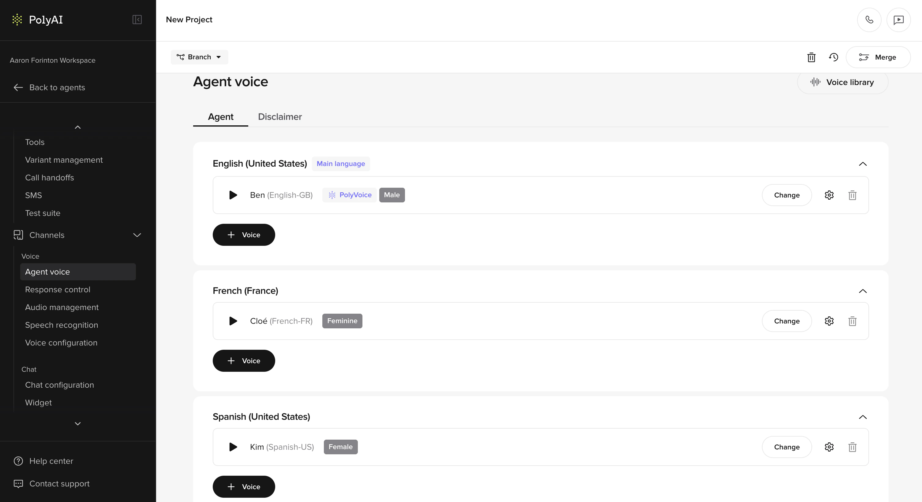 Agent voice set language by voice