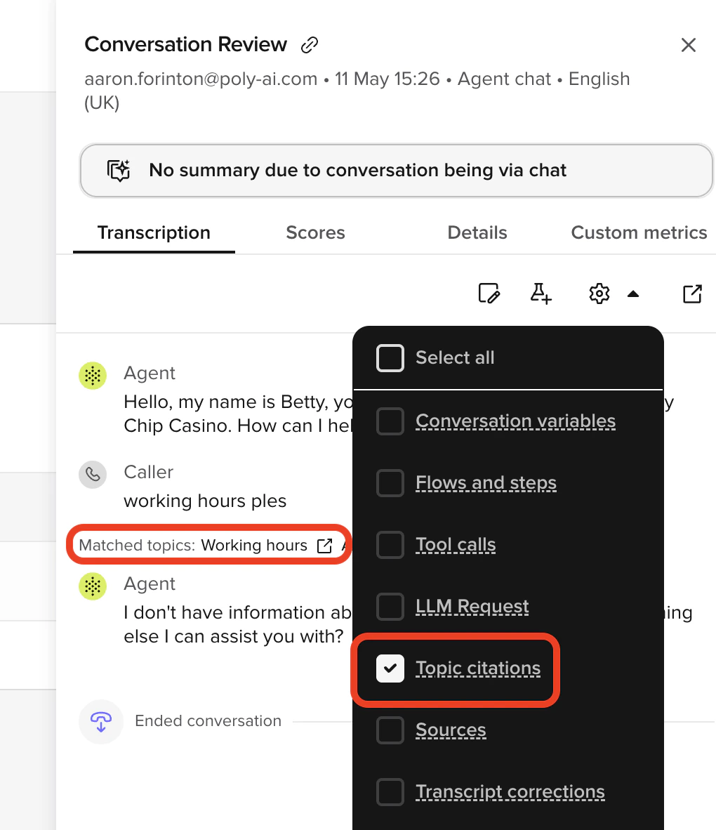 Conversation Review side panel with Topic citations enabled, showing the Matched topics label under a caller turn