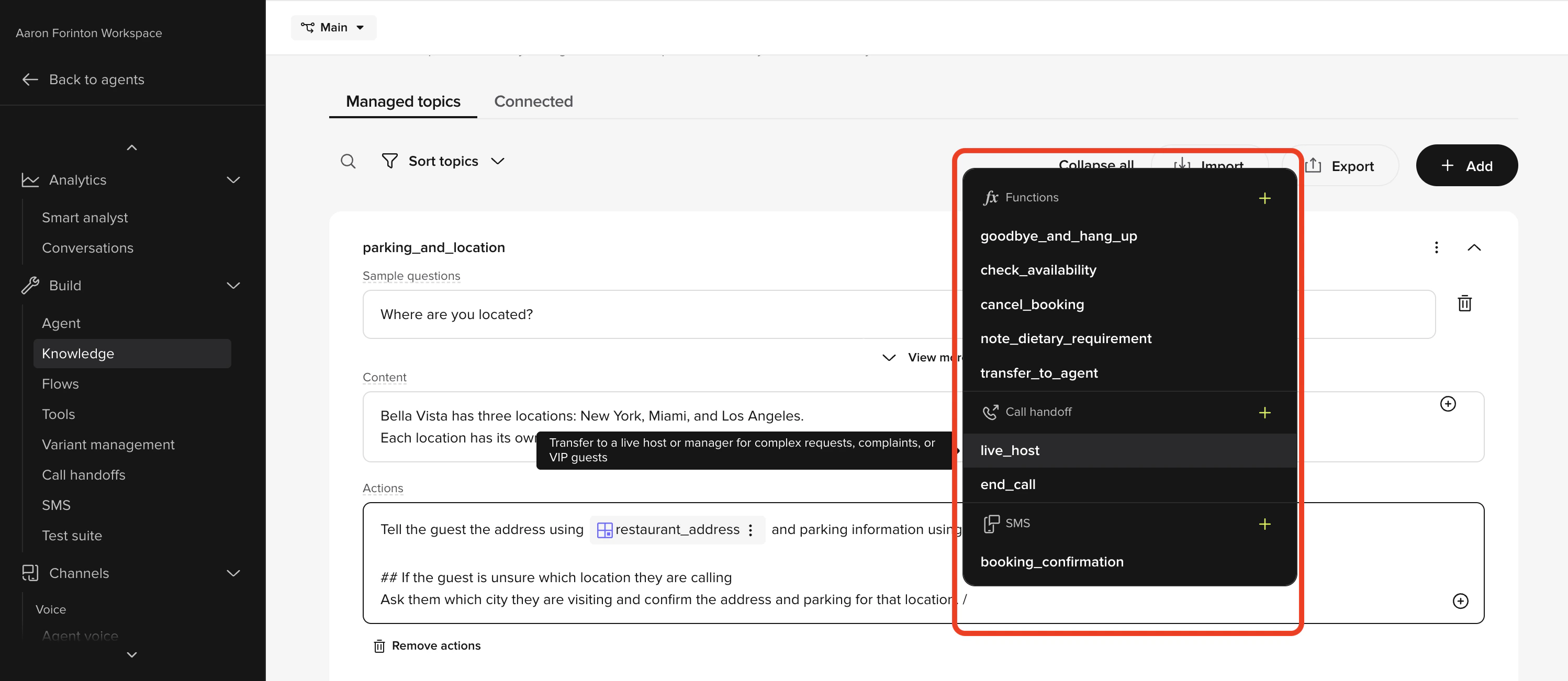 Actions field menu with handoff option