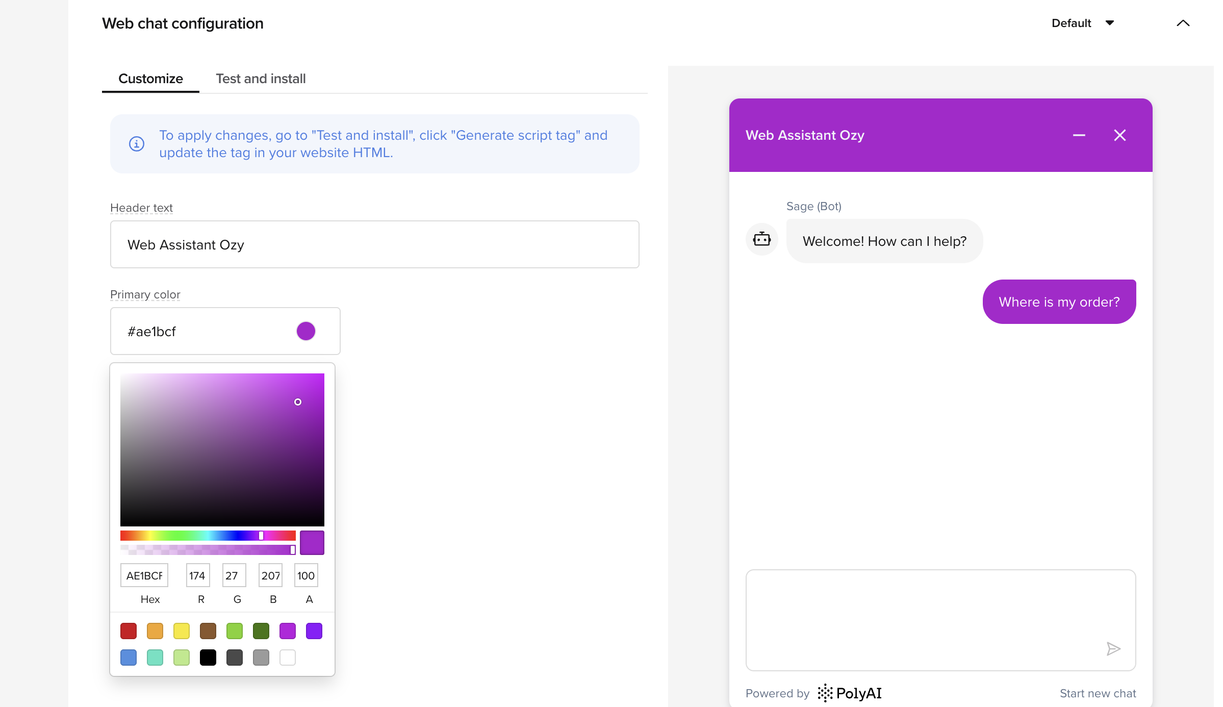 Customize tab with live preview