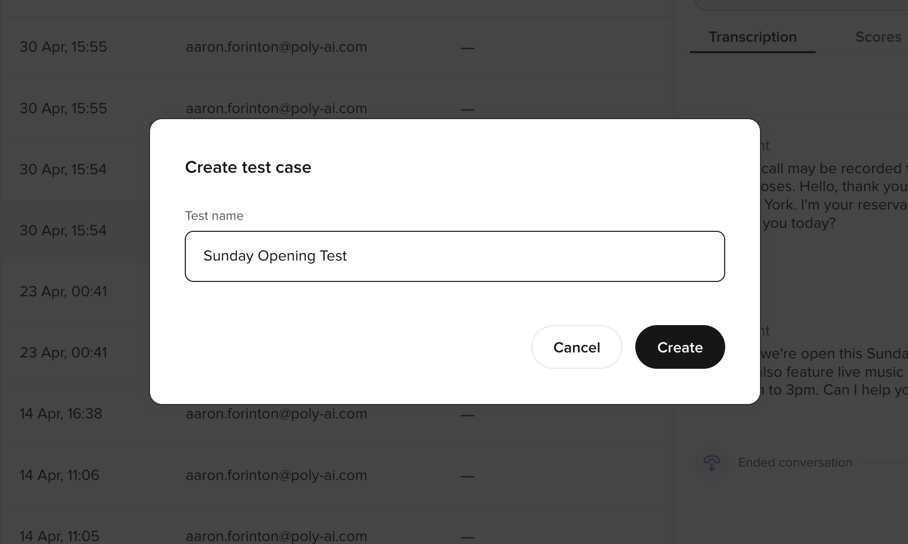 Create test case modal