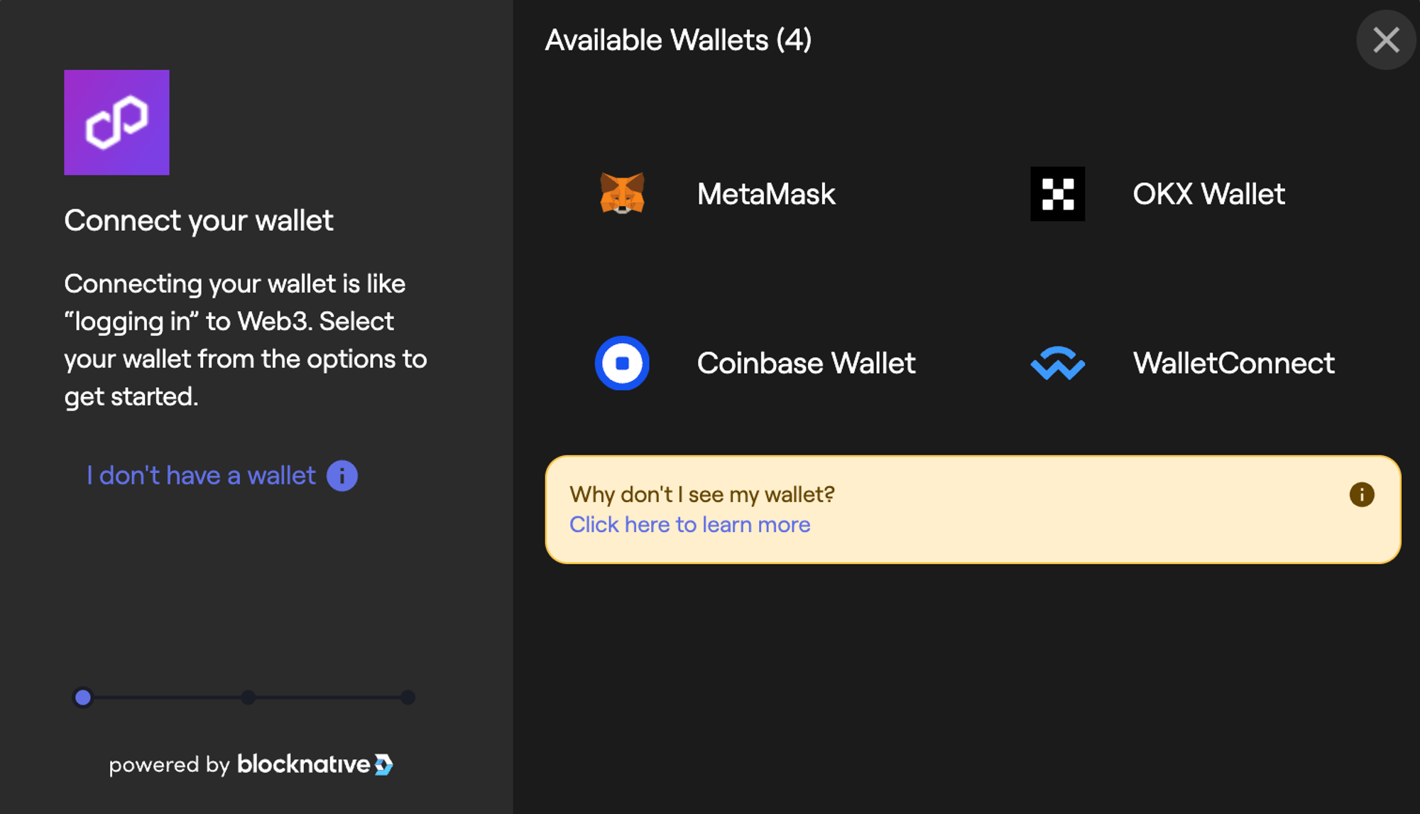 Polygon Portal: wallet selection