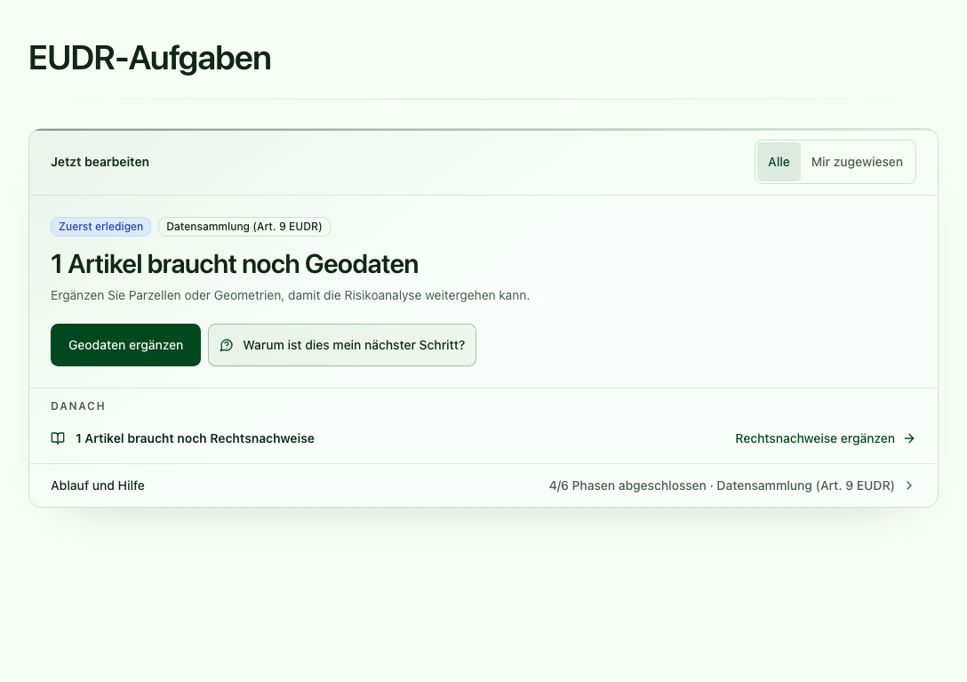 EUDR-Dashboard mit hervorgehobener Hauptaktion und priorisierten Folgeaufgaben