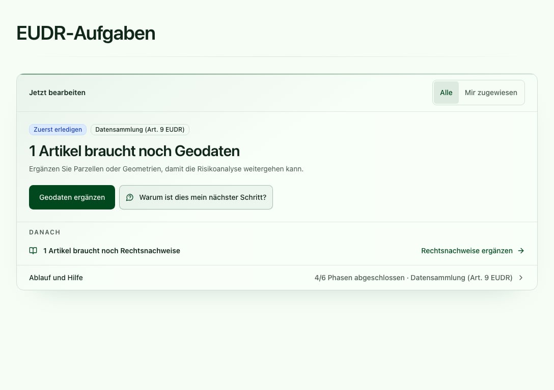 EUDR-Dashboard mit hervorgehobener Hauptaktion und priorisierten Folgeaufgaben