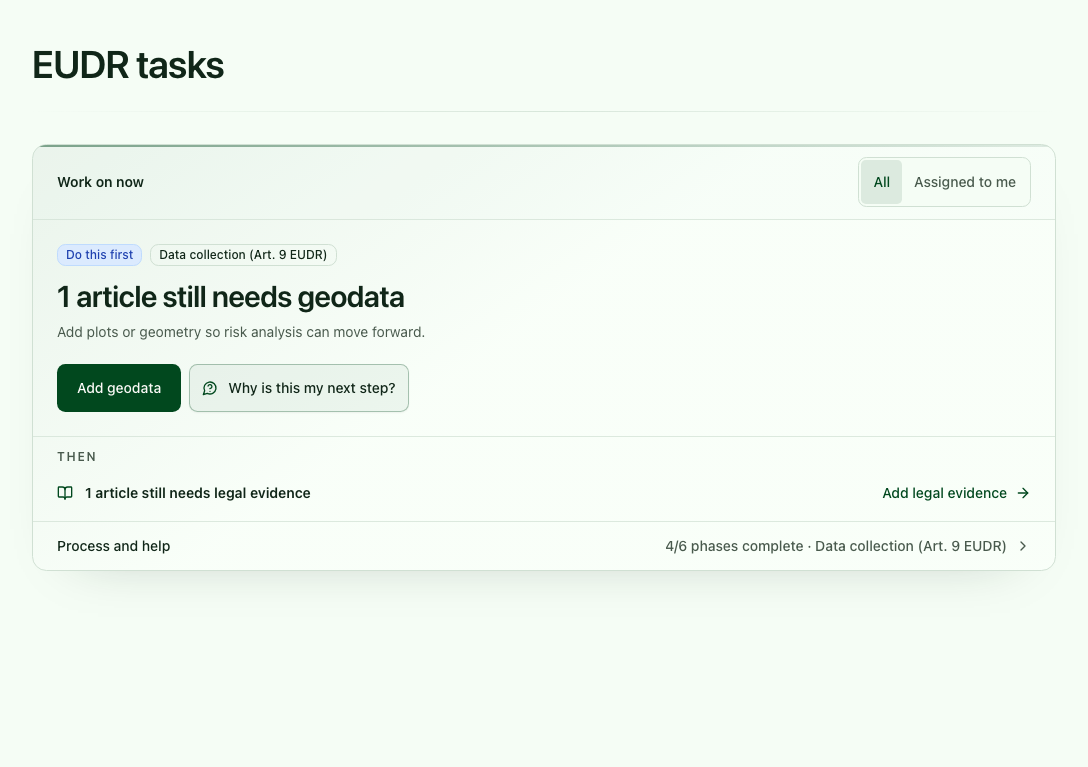 EUDR dashboard with a highlighted main action and prioritized follow-up tasks