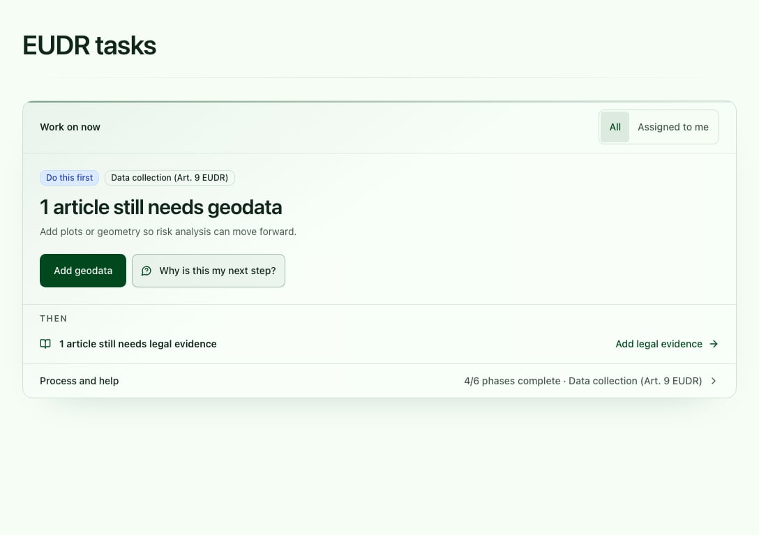 EUDR dashboard with a highlighted main action and prioritized follow-up tasks