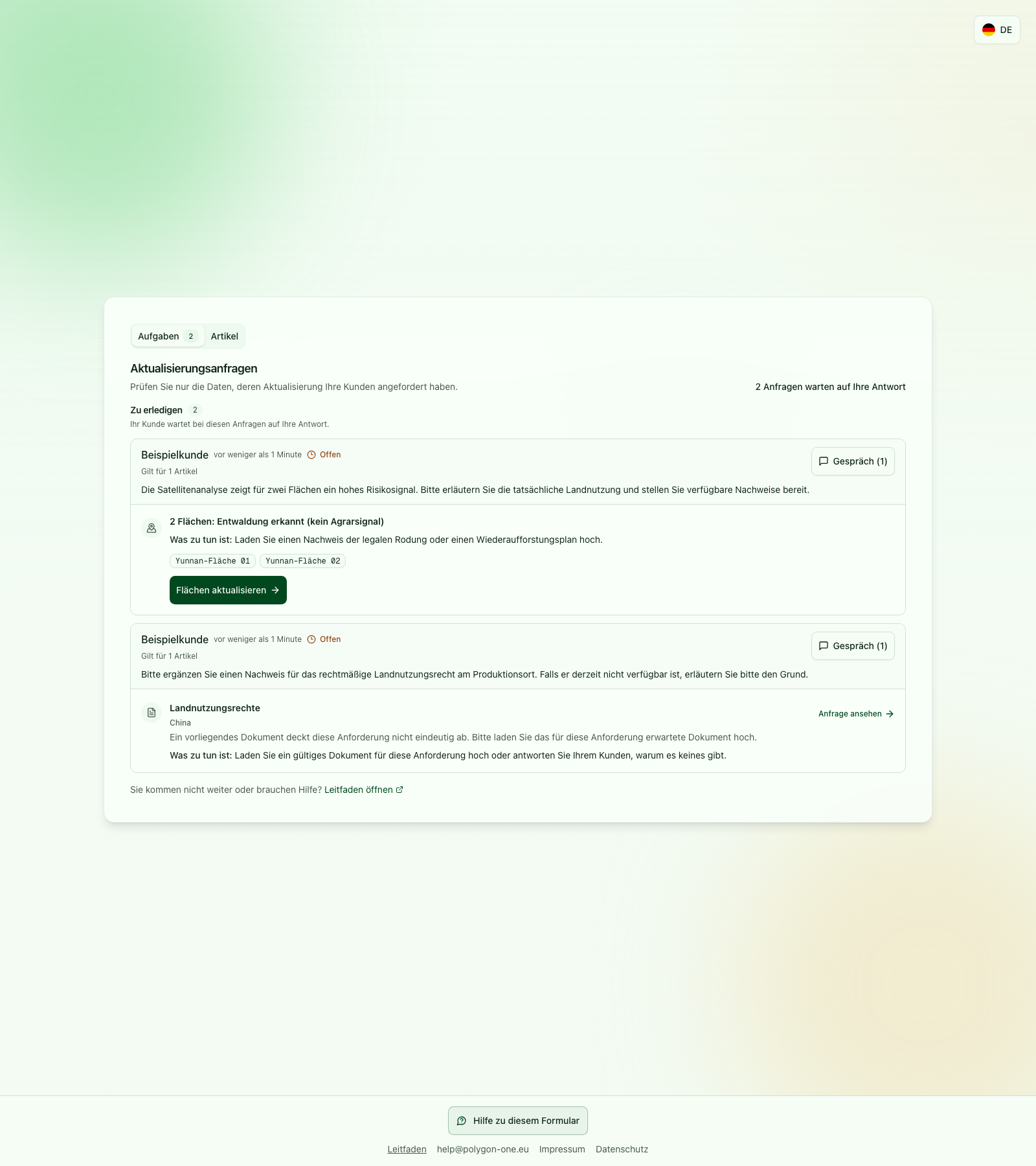 Aufgabenliste mit zwei offenen Korrekturanfragen