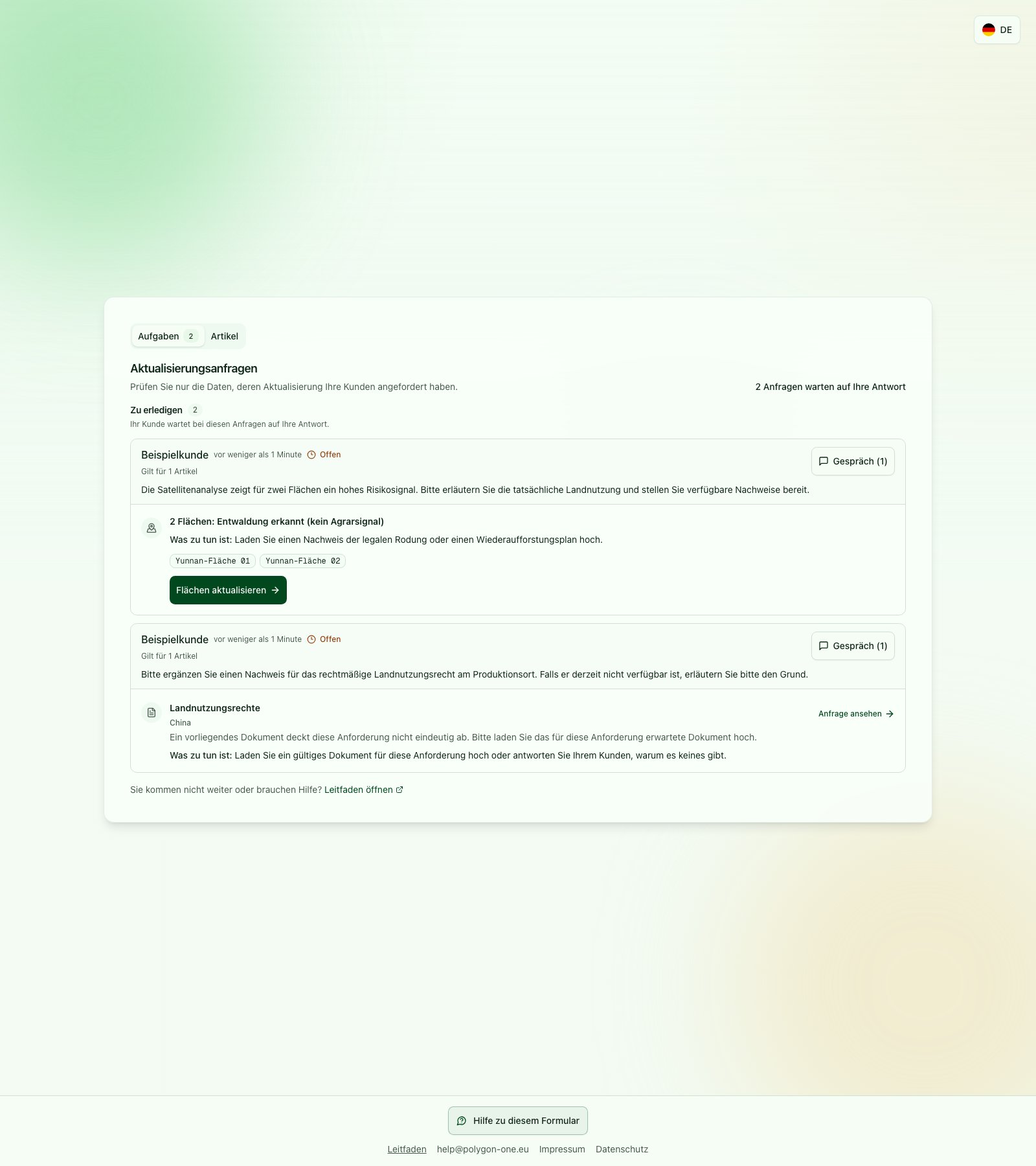 Aufgabenliste mit zwei offenen Korrekturanfragen