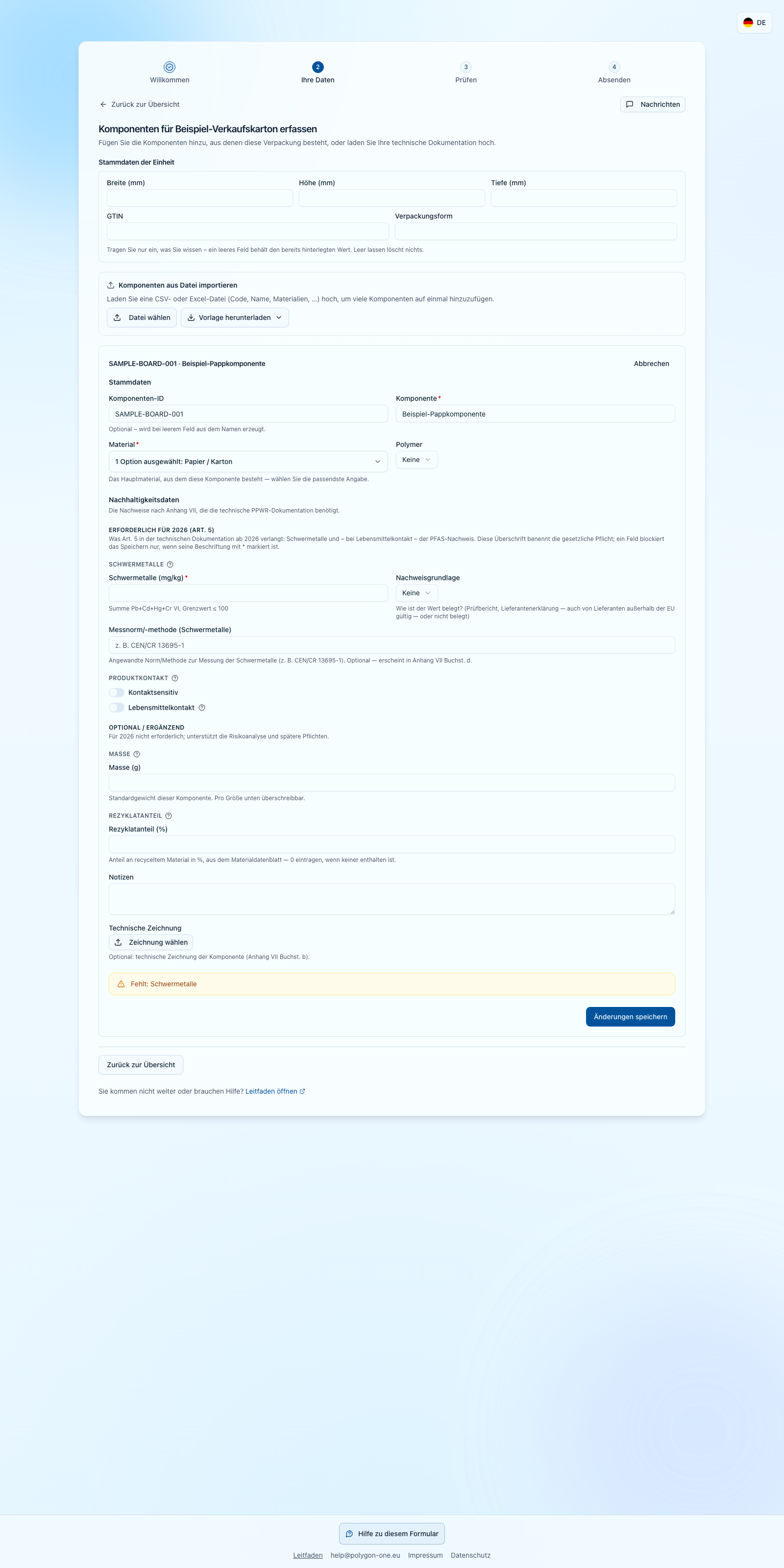 PPWR-Komponenteneditor mit getrennten Einheitsdaten und dem Hinweis auf fehlende Schwermetallangaben
