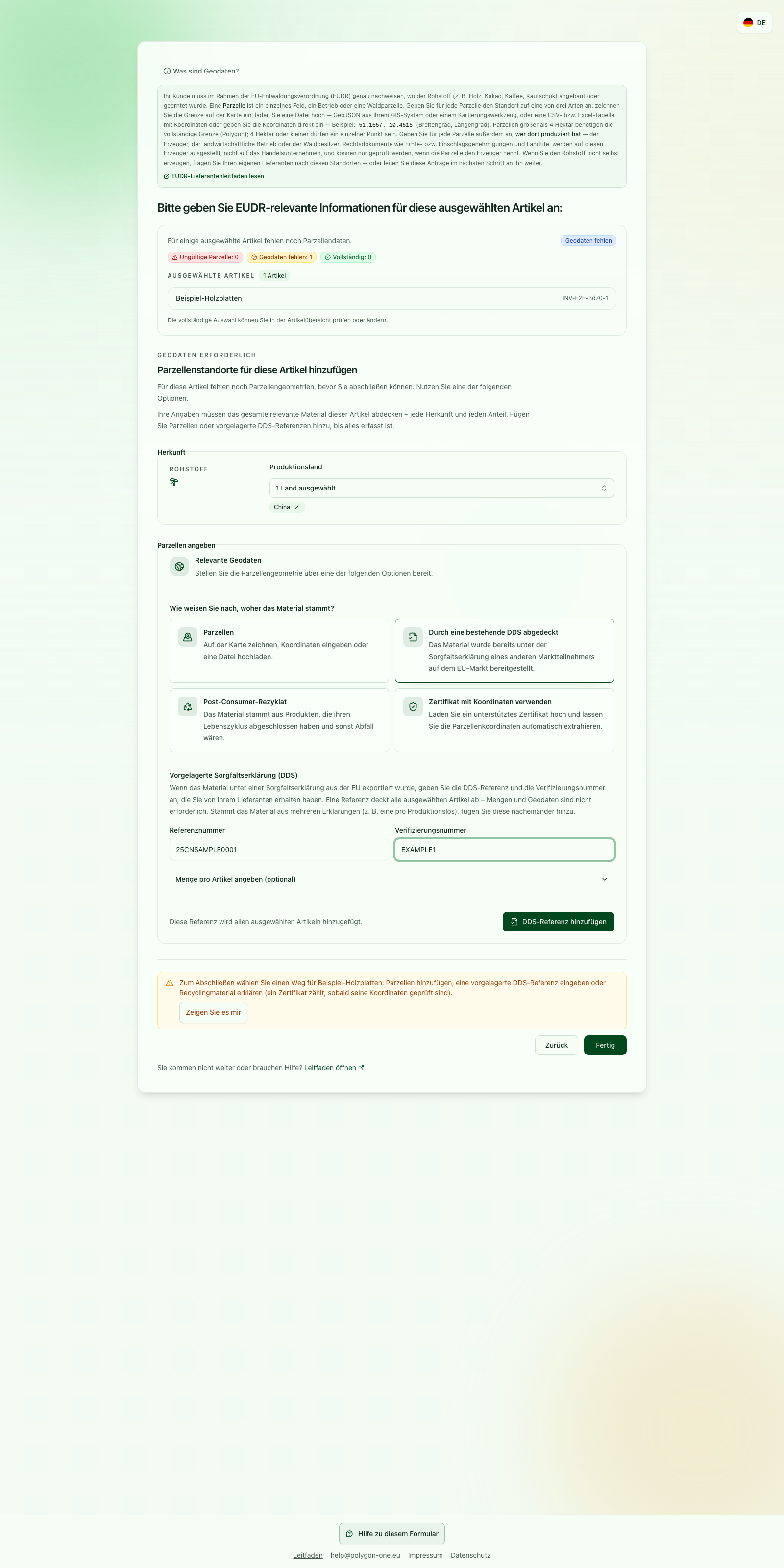 Eingabebereich für DDS-Referenznummer und Verifizierungsnummer