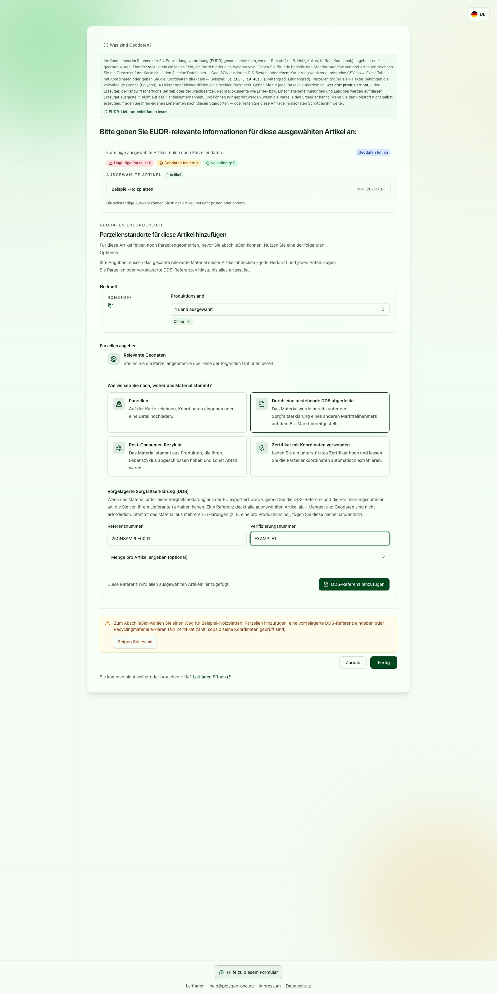 Eingabebereich für DDS-Referenznummer und Verifizierungsnummer