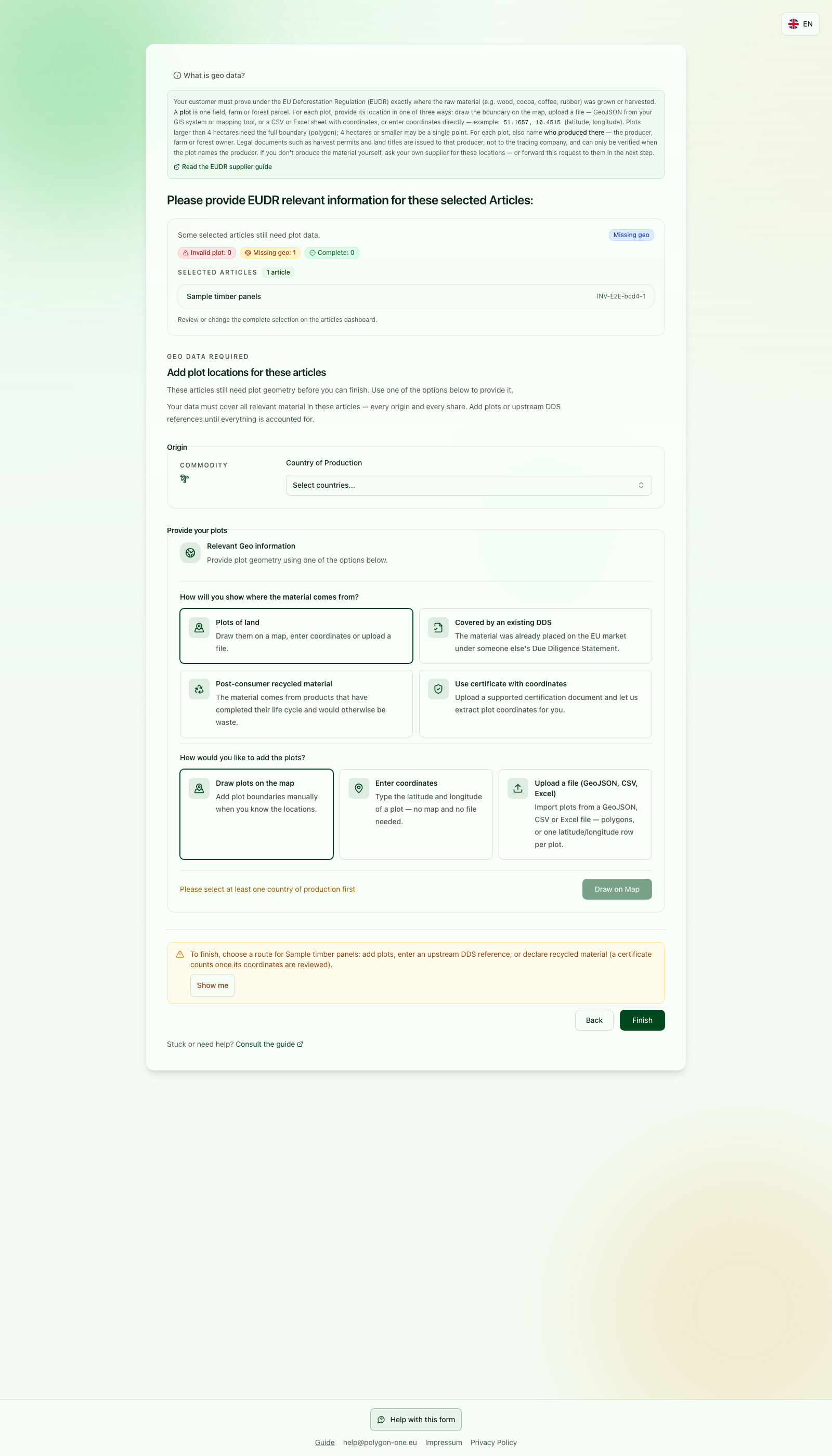 EUDR origin-route selection with production country unset and geodata missing