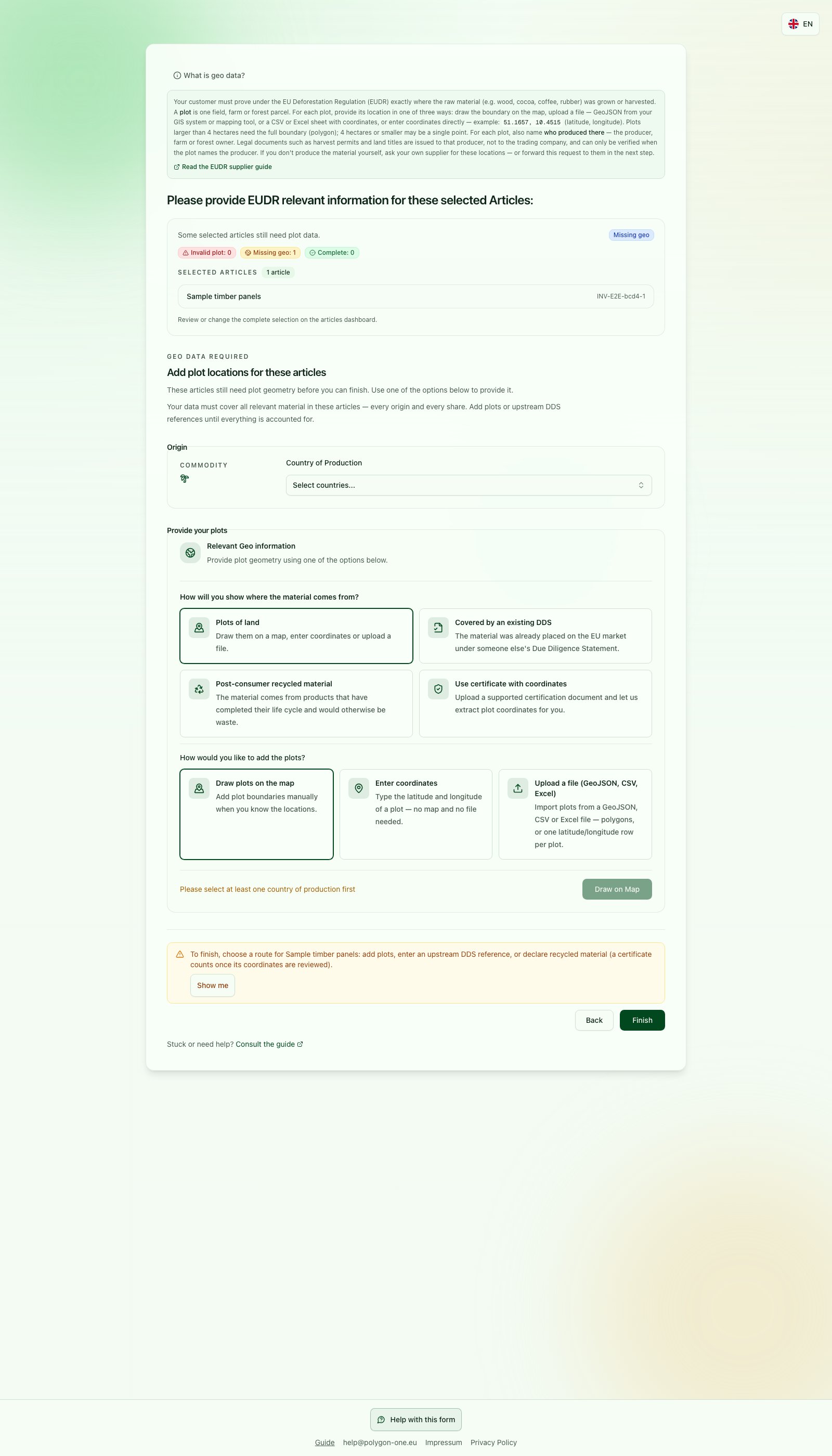 EUDR origin-route selection with production country unset and geodata missing