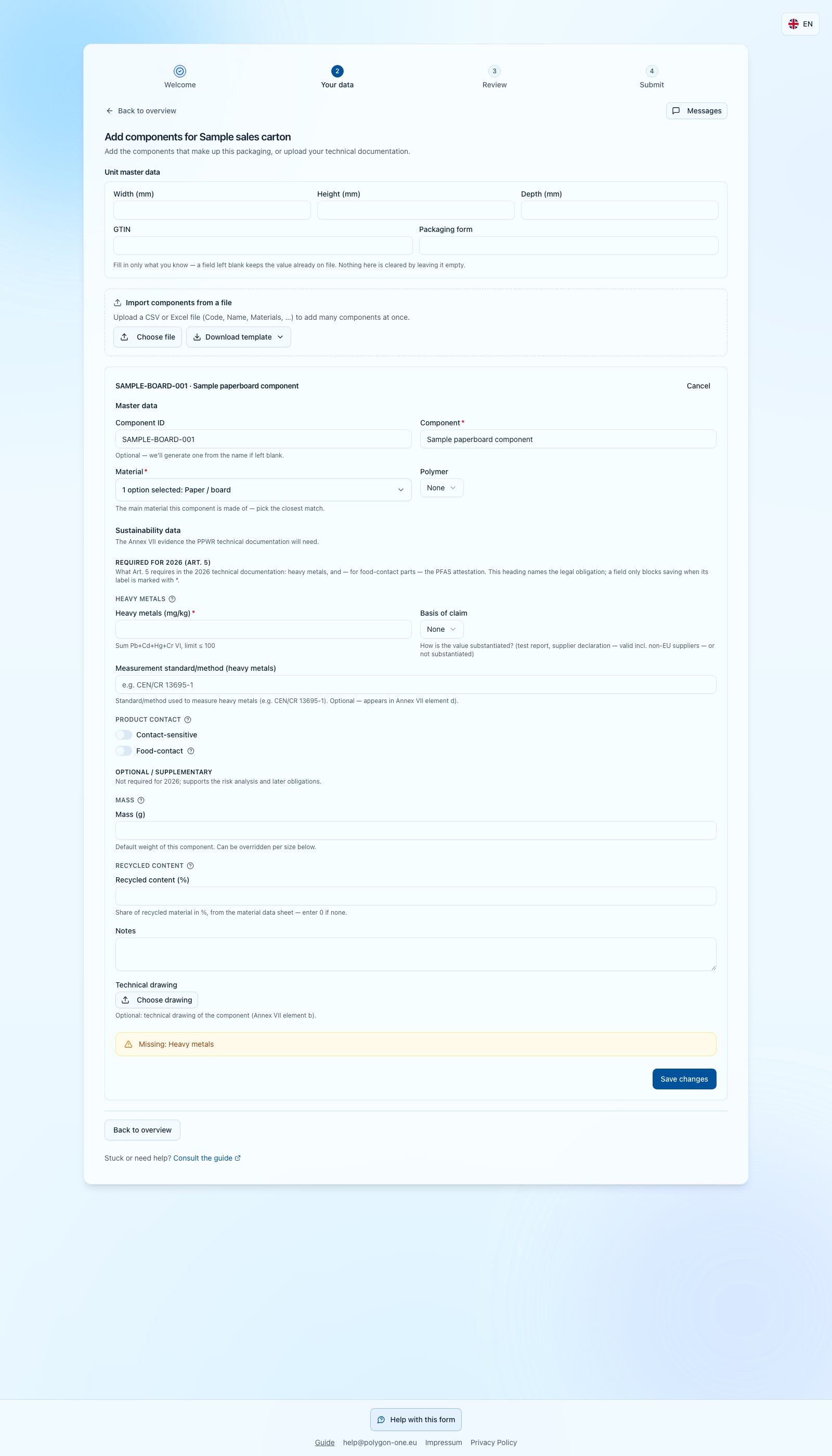 PPWR component editor with separate unit data and a missing heavy-metals warning