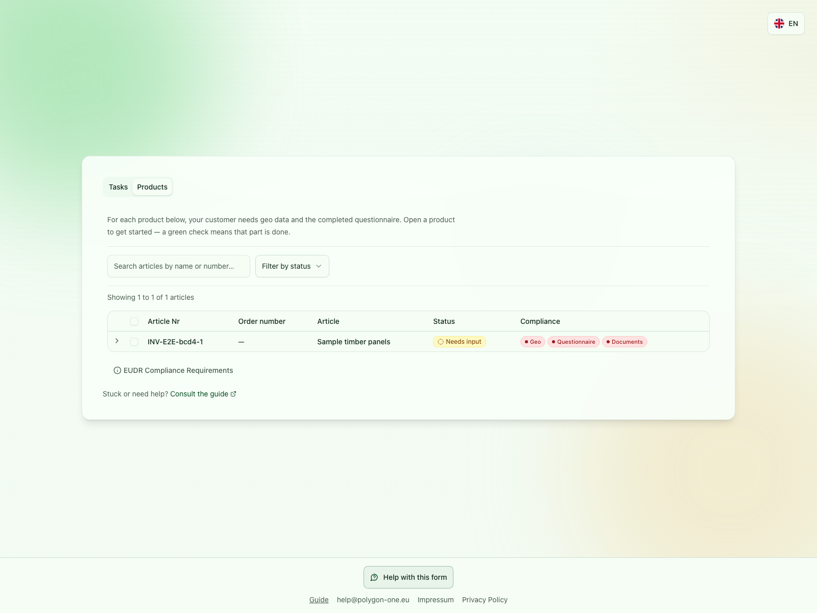 EUDR Products overview with open geodata, questionnaire and document tasks