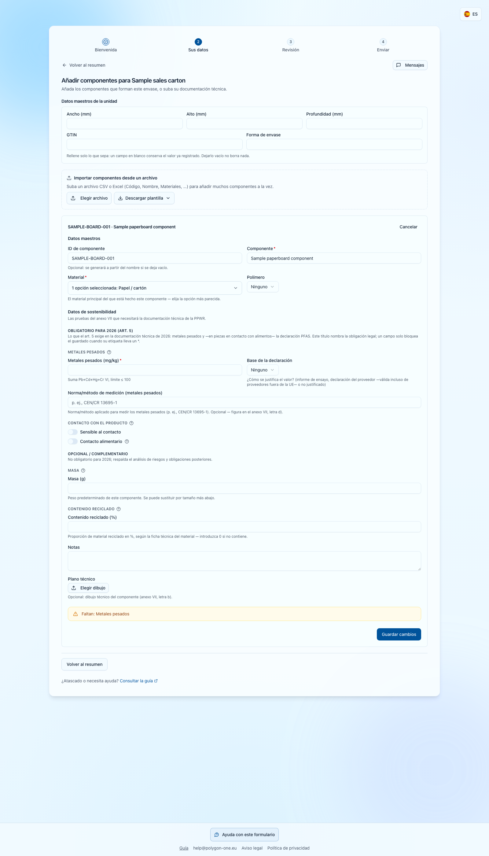 Editor de componentes PPWR con datos de unidad separados y aviso de metales pesados pendientes