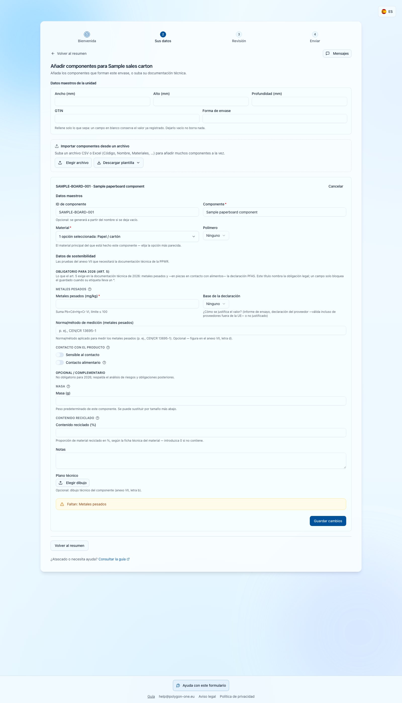 Editor de componentes PPWR con datos de unidad separados y aviso de metales pesados pendientes