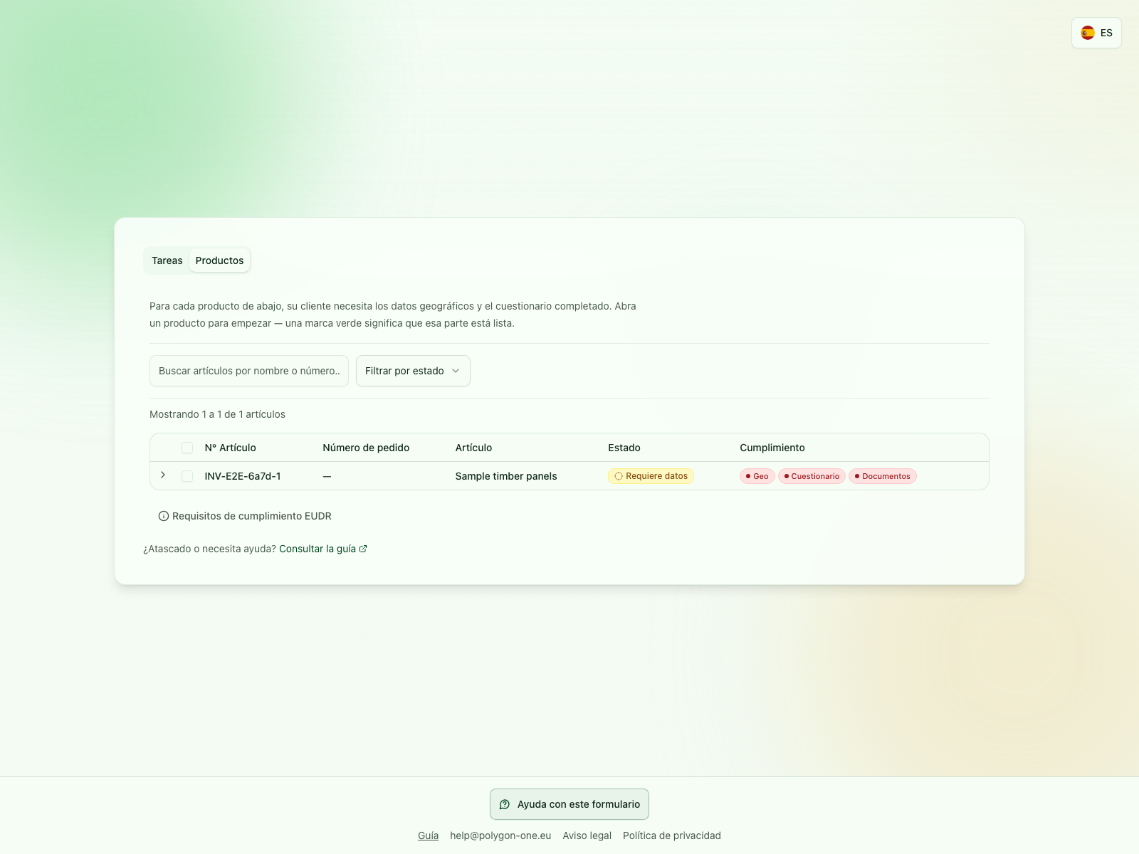 Vista de Productos EUDR con tareas pendientes de geodatos, cuestionario y documentos