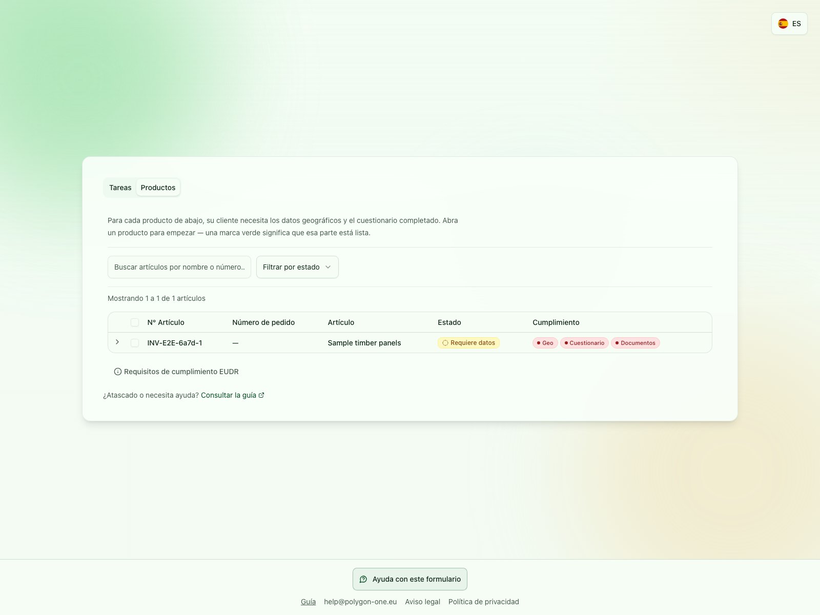 Vista de Productos EUDR con tareas pendientes de geodatos, cuestionario y documentos