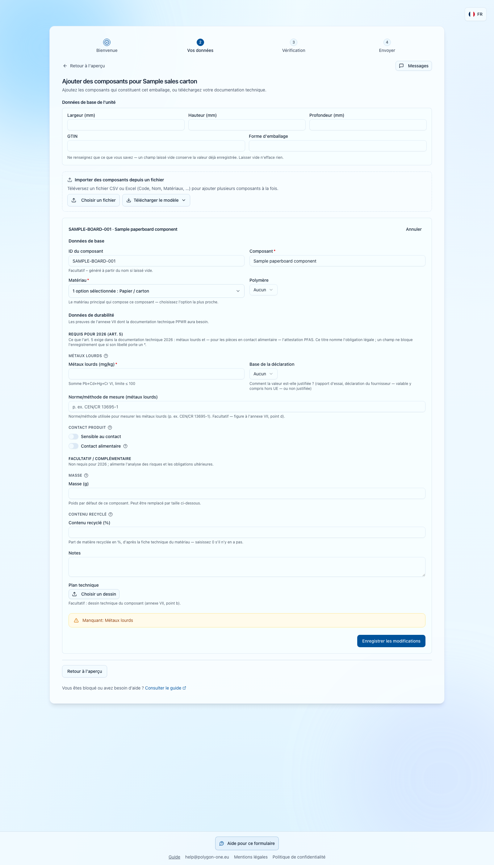 Éditeur de composant PPWR avec données d’unité distinctes et avertissement de métaux lourds manquants