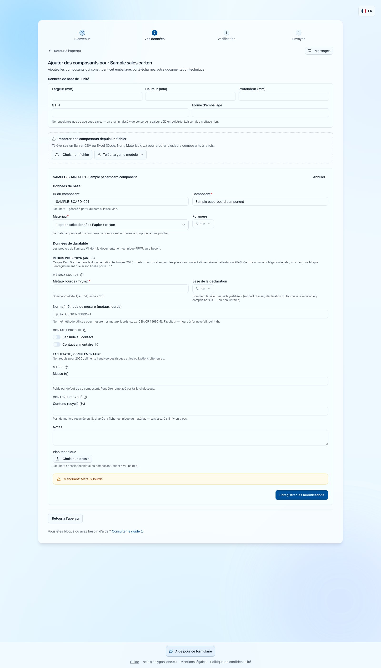 Éditeur de composant PPWR avec données d’unité distinctes et avertissement de métaux lourds manquants