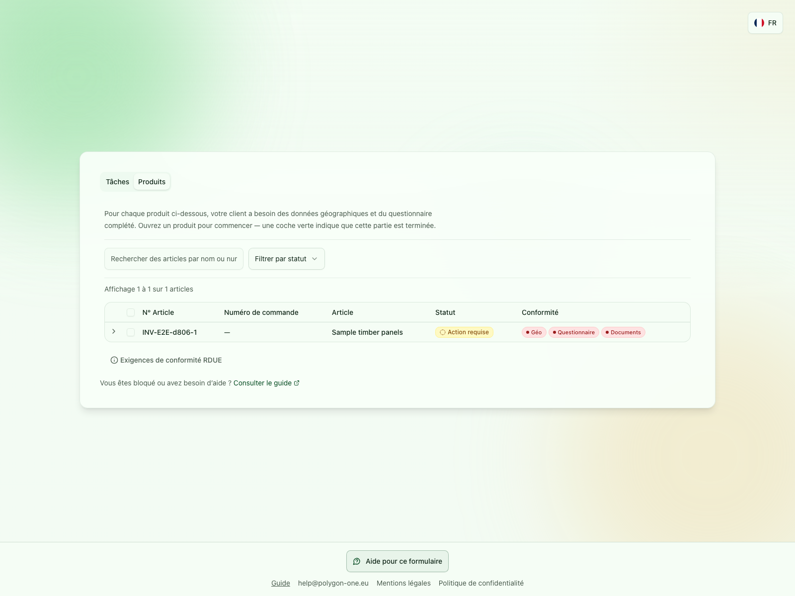 Vue Produits EUDR avec tâches ouvertes pour les géodonnées, le questionnaire et les documents