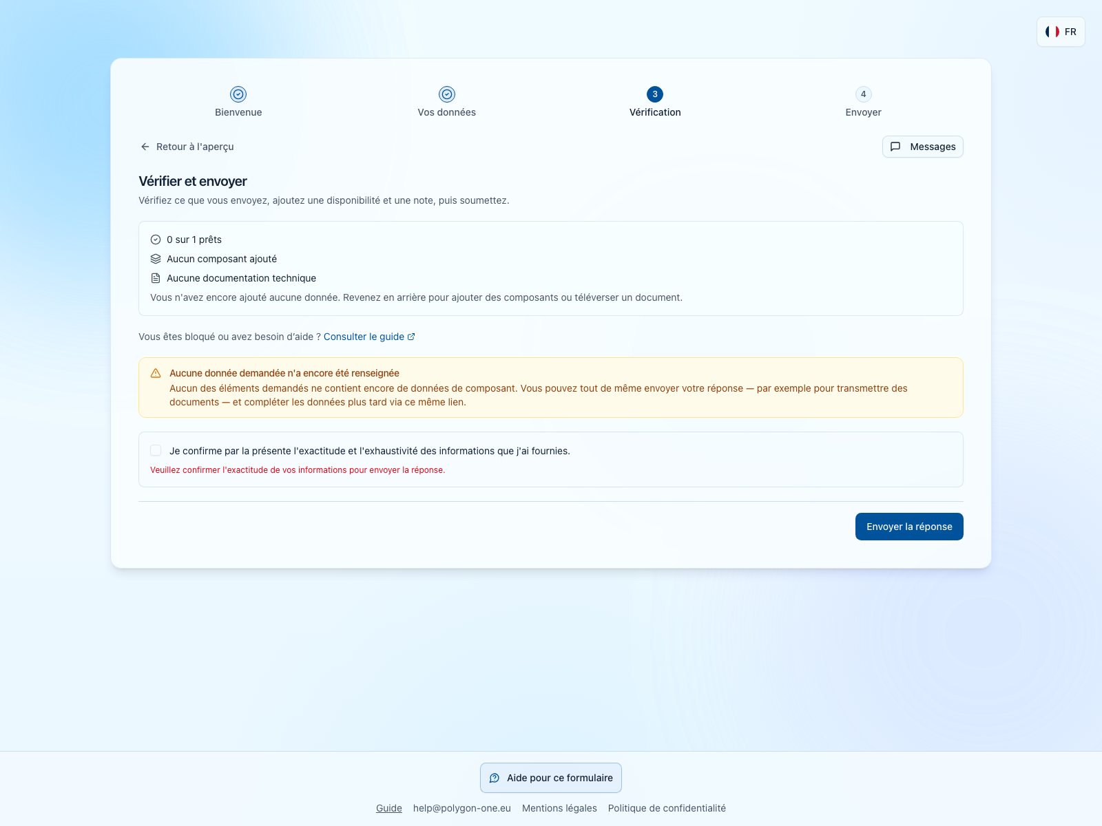 Étape de vérification PPWR avec zéro élément prêt sur un, des avertissements et une déclaration d’exactitude non cochée
