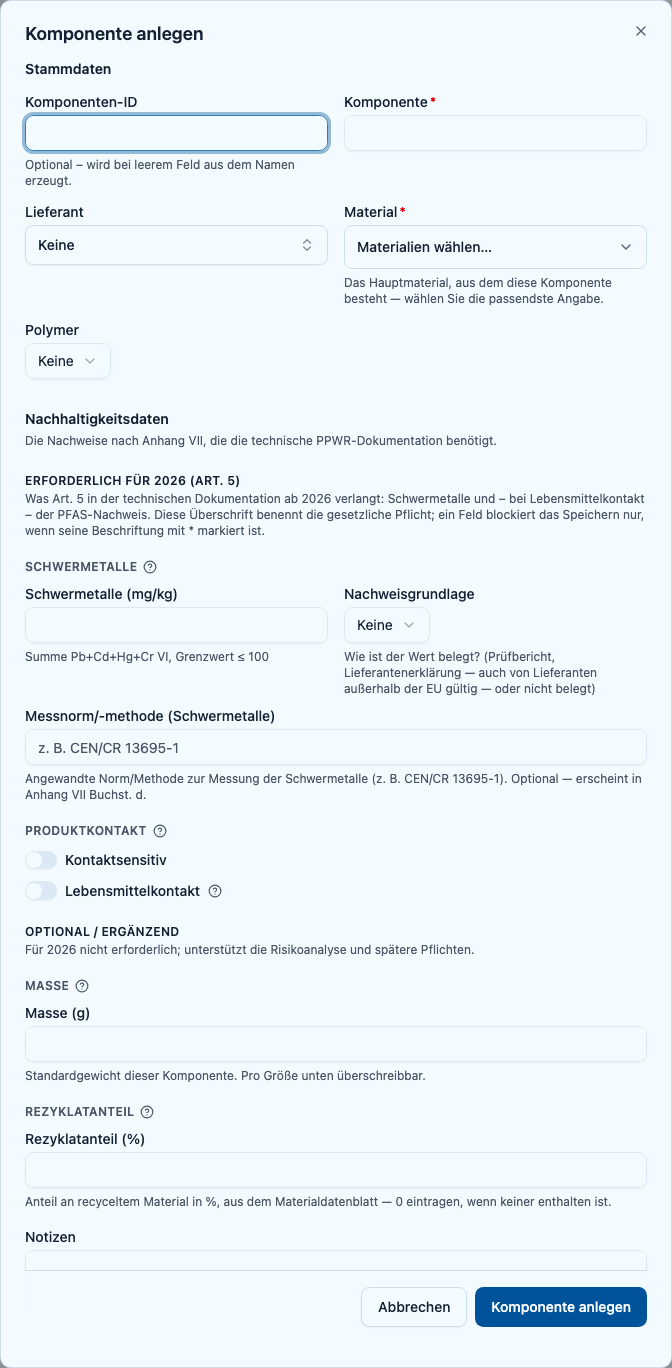 Komponentenformular mit Stammdaten und dem Bereich Erforderlich für 2026 einschließlich Schwermetallen