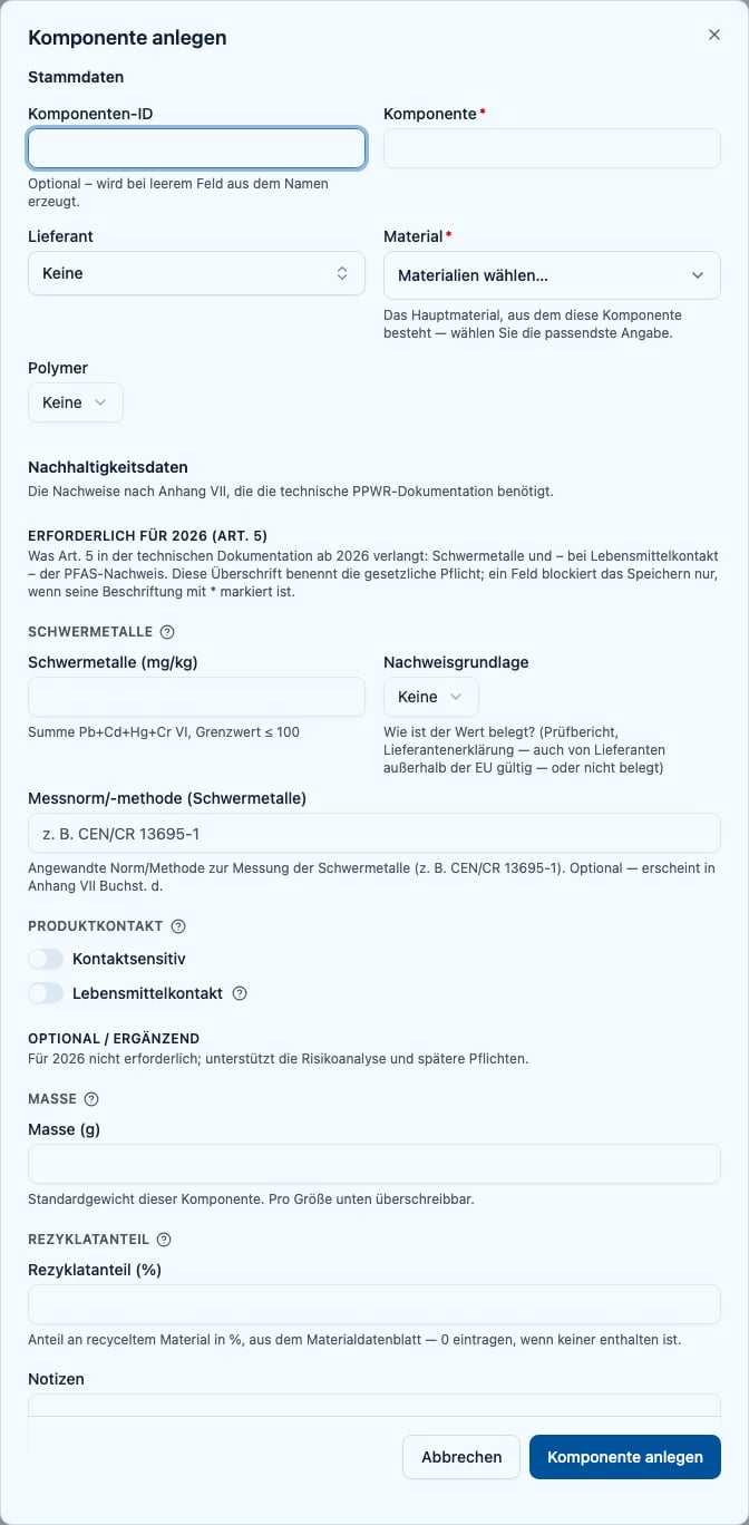 Komponentenformular mit Stammdaten und dem Bereich Erforderlich für 2026 einschließlich Schwermetallen