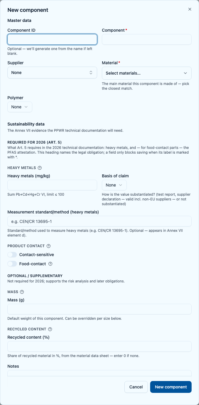 Component form with master data and the Required for 2026 section including heavy metals