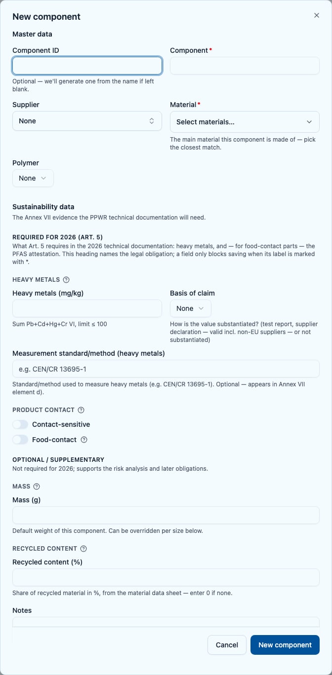 Component form with master data and the Required for 2026 section including heavy metals