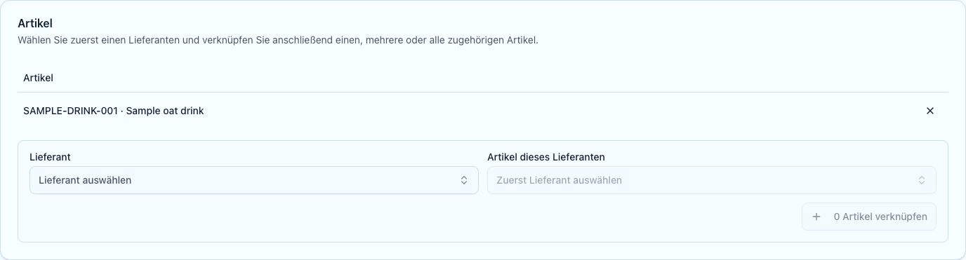 Tab Artikel einer Verpackungseinheit mit Lieferanten- und Artikelauswahl zum Verknüpfen