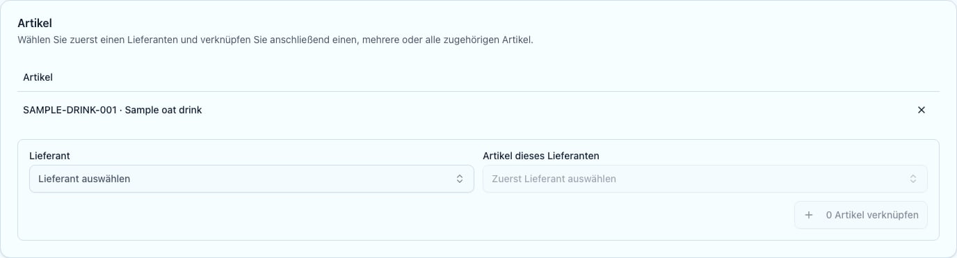 Tab Artikel einer Verpackungseinheit mit Lieferanten- und Artikelauswahl zum Verknüpfen
