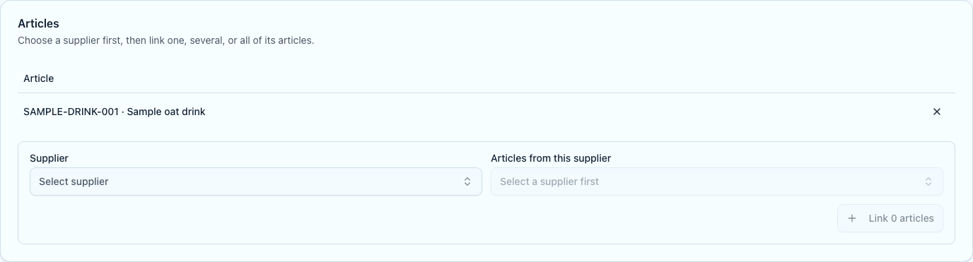 Articles tab of a packaging unit with supplier and article selectors for linking