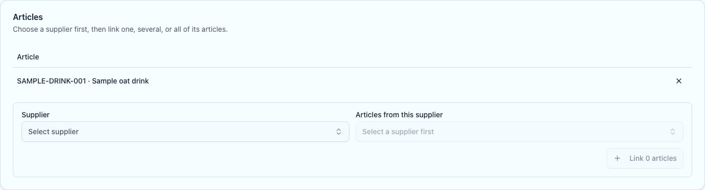 Articles tab of a packaging unit with supplier and article selectors for linking