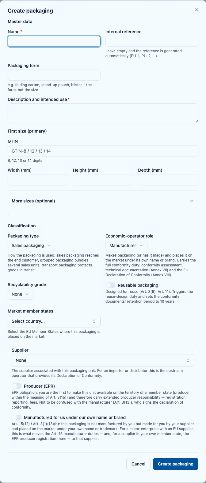 Form for creating a packaging unit with Master data and Classification sections