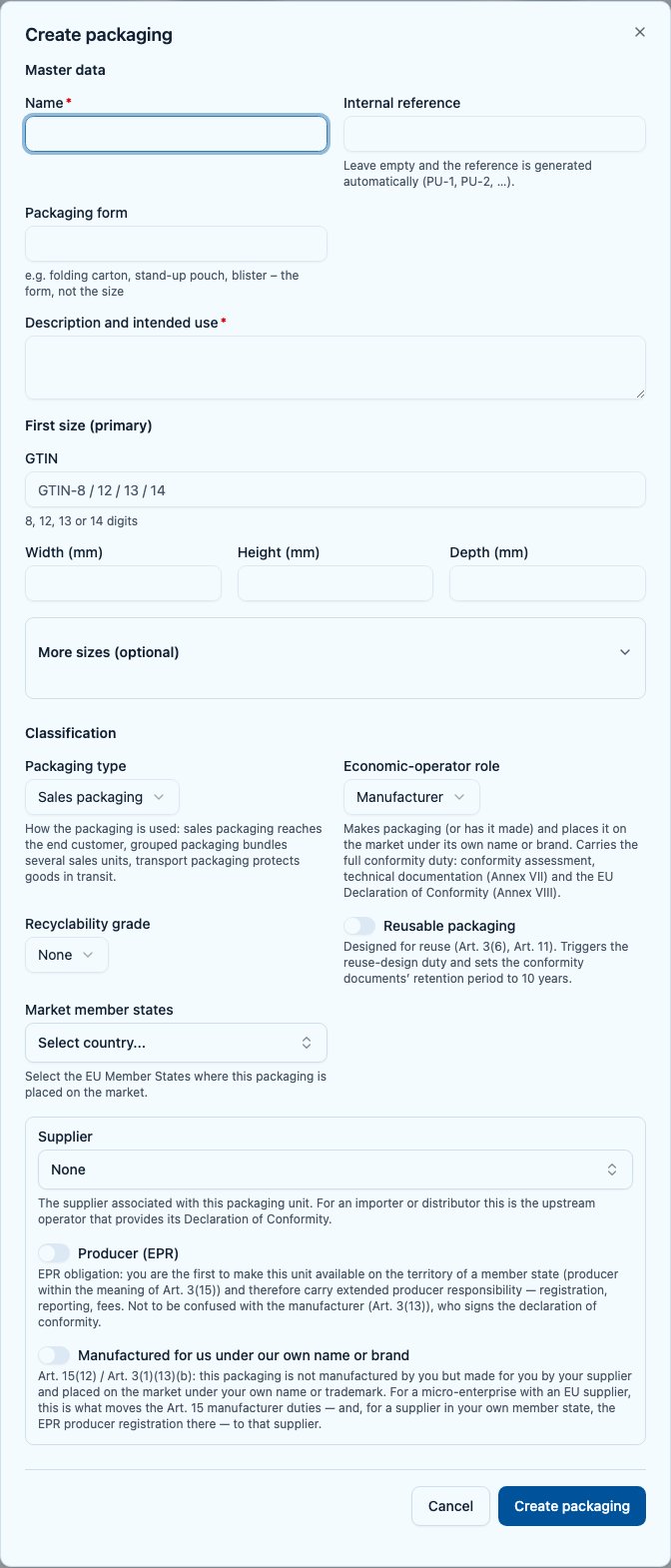 Form for creating a packaging unit with Master data and Classification sections