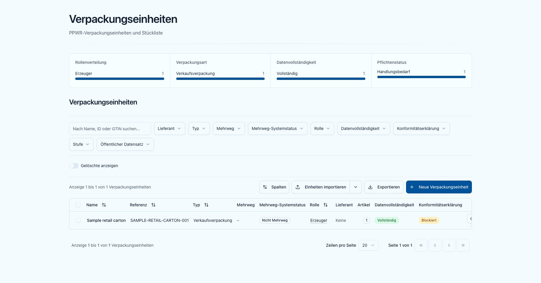 Liste der PPWR-Verpackungseinheiten mit Verteilungs-Kacheln, Suche und Filtern