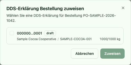 Dialog zum Zuweisen einer passenden DDS zu einer Einkaufsbestellung