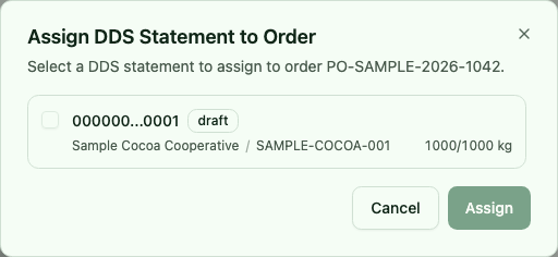 Dialog for assigning a matching DDS to a purchase order