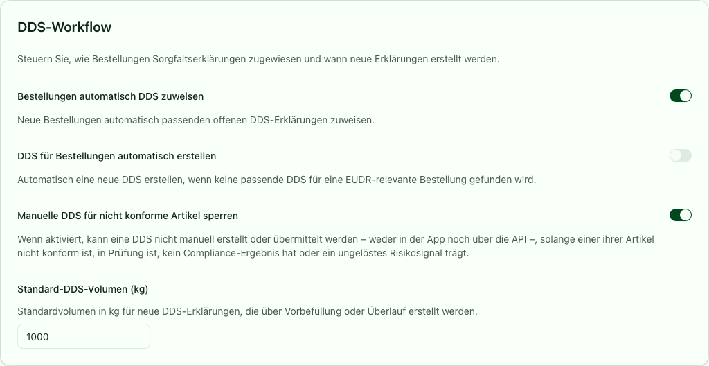 Einstellungen für automatische DDS-Zuweisung, DDS-Erstellung, manuelle Konformitätssperre und Standardvolumen