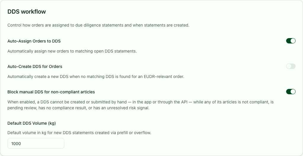 Settings for automatic DDS assignment, DDS creation, the manual compliance gate, and default volume