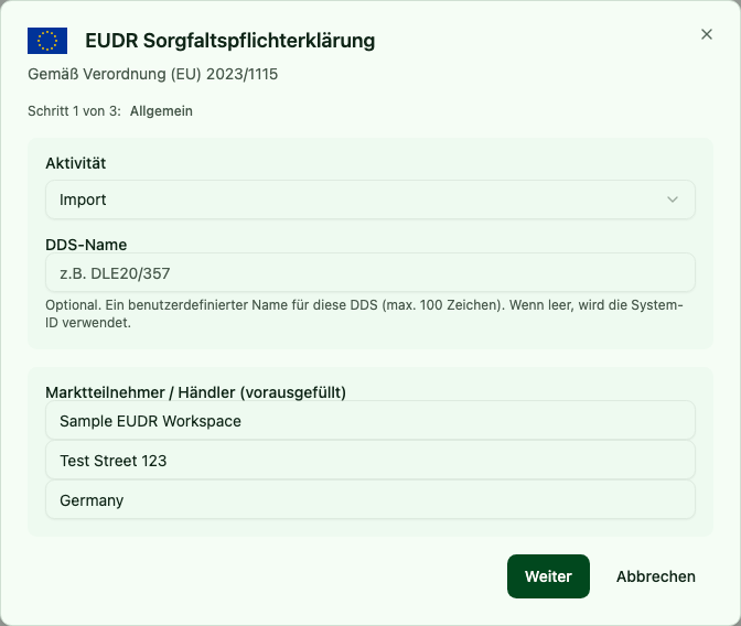 DDS-Assistent in Schritt 1 mit Aktivitätstyp und vorausgefüllten Unternehmensdaten